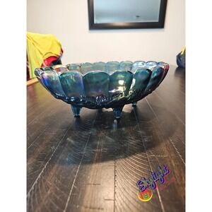Carnival Glass-Blue Vintage Iridesent Footed Serving Bowl Fruit & Grapes